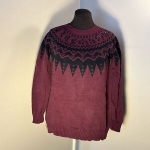 LANE BRYANT Burgundy and Black FairIsle Sweater with Sequin Details